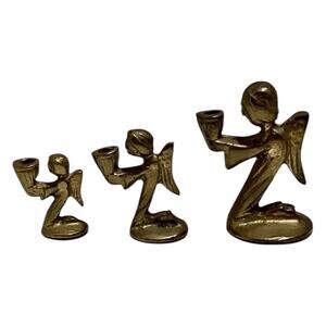 Vintage Set Of Three Brass Angel Taper Candle Holders Kneeling Mini